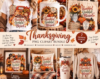 Thanksgiving PNG-Bundle, Herbstliche Sublimationsdesigns, Truthahn, Herbst-Cliparts (Digitaler Download)
