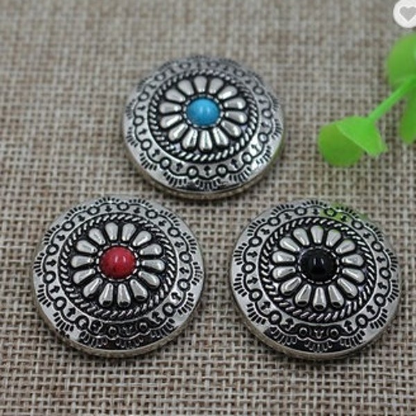 Round Silvertone Concho Floral Concho with Colored Center Stone, Red concho, Black Concho, Blue Concho