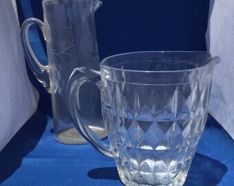 Clear Glass Pitcher - Glass Water Pitcher - Etched Glass Pitcher - Indiana Glass Pitcher - Pressed Glass Pitcher