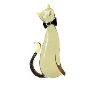 1980s Cream Enamel Cat Brooch Black Bow Tie Gold Tone 1.75” VTG Animal Jewelry