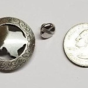 Round Texas Filigree Concho. 1” (25mm) diameter with a shiny silver finish and Screwback attachment. Texas State Concho, Texas Concho