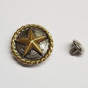 Silver and Gold Tone One Inch Concho with Star and Rope, Screwback Concho, Screw back, Gold Star, Gold Rope