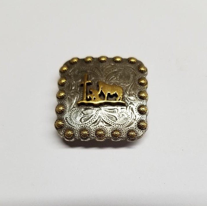 Silver and Gold Square Berry Concho with Cross and Prayer Silhouette with Screw Back