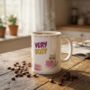 Peut inclure: Mug en céramique blanche avec l'inscription "VERY BUSY" en violet et jaune. La tasse présente un chat de dessin animé portant des lunettes de soleil et lisant un livre, ainsi qu'une pile de livres et un motif arc-en-ciel. Des grains de café sont éparpillés autour de la tasse.