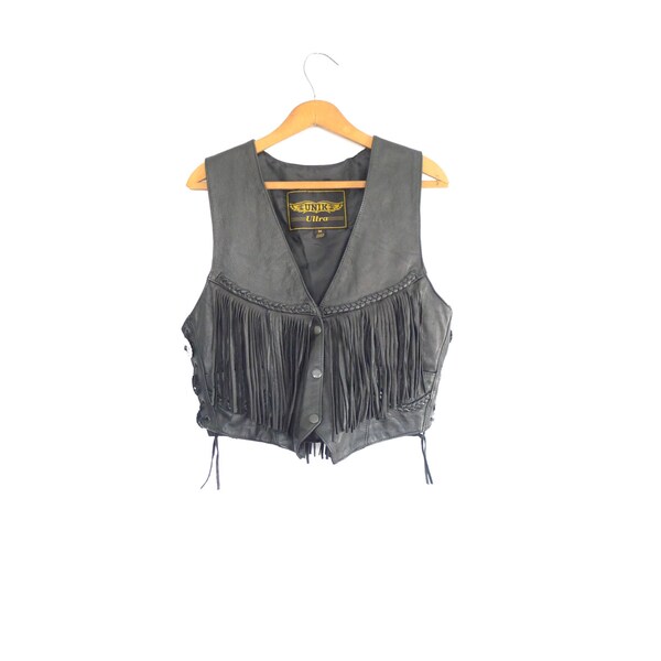 Vintage Black Leather Fringe Vest. Size Small - Medium. Women's Biker Vest. Unik