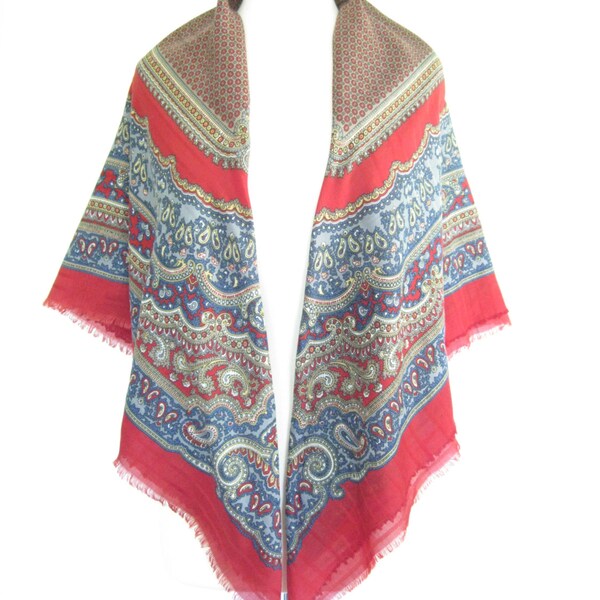 Wool Red and Blue Large Paisley Square Scarf - Shawl. Vintage Gina Ruccini Paisley Scarf - Shawl