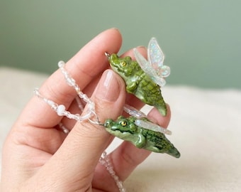 Fairy Crocodile Pendant Necklace - Winged Alligator Charm - Goblincore Jewelry - Mythical Animal Pendant