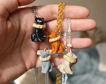 Circus Cat Pendant, Handmade Miniature Polymer Clay Jewelry, A Gift for Cat Lovers