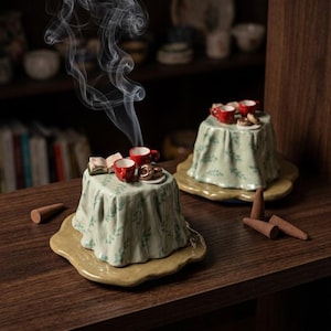 Puede incluir: Dos quemadores de incienso de cerámica con forma de mesas en miniatura cubiertas con manteles de color verde claro. Cada mesa tiene dos tazas rojas pequeñas, un libro diminuto y una rosquilla. El humo sale de los quemadores sobre bases.