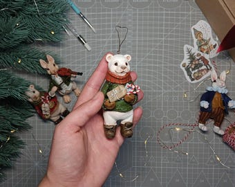 Hand-Painted Bear Ornament: Festive Bear with Gift, Candy Cane – Holiday Decor