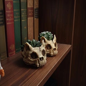 May include: Two skull-shaped planters with plants inside sit on a wooden shelf. The planters are off-white with dark crevices, and the plants are green. A cactus is in one planter. Books with red, green, and brown spines are in the background.