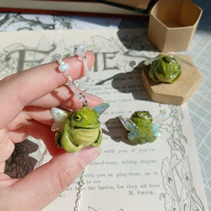 Fairy Frog Charm Necklace. Whimsical Grumpy Frog Pendant - Sparkly Winged Creature. Magical Cottagecore Goblincor Jewelry