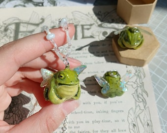 Fairy Frog Charm Necklace. Whimsical Grumpy Frog Pendant - Sparkly Winged Creature. Magical Cottagecore Goblincor Jewelry
