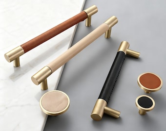 Leather Brass Pull, Genuine Leather Knobs, Brown Drawer Handles