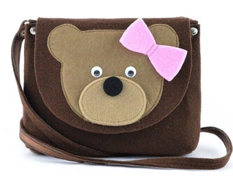 Girls purse, Purse wit a bear, Felt purse with teddy bear, teddy bear purse, brown felt bag, crossbody purse for a girl, gift, Christmas