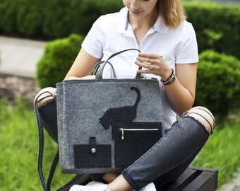 Sac pour ordinateur portable en feutre avec une application de chat, Messenger Bag, sac à main en feutre gris grande taille avec Kitty, sac feutré gris, cadeau pour elle, cadeau d'amant de chat