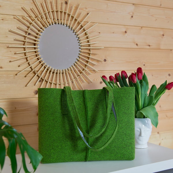 Vert d'herbe de sac à main en feutre minimaliste, sac fourre-tout en feutre de grande taille, sac à main feutré, sac à provisions vert, sac à bandoulière, sac à main minimaliste,