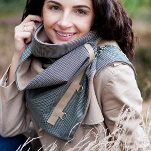 Beige scarf, fall winter shawl with carabiners warm cowl large scarf wrap houndstooth pattern ladies gift beige and black