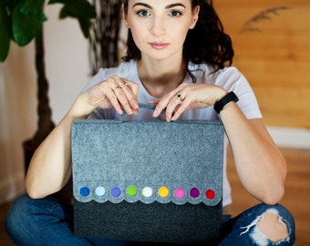 Coloful Messenger bag with rainbow dots, Felt laptop bag, long strap crossbody laptop bag with a short handle, felt handbag,