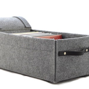 DVD storage box with leather handle and a flap, felt basket with lid cover, minimalist scandinavian gray DVD organiser, Ikea kallax expedit