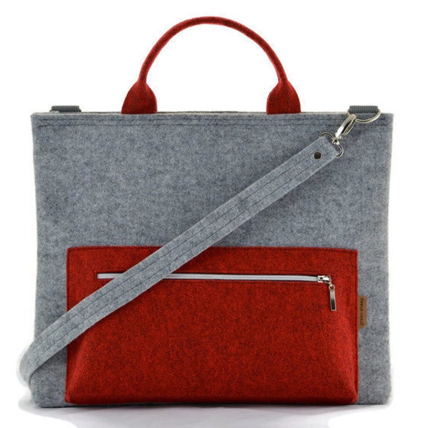 Felt Laptop Bag, Modern Minimalist Messenger Bag, Gray and Red crossbody bag, handbag with handles, felted light gray bag, red messenger bag