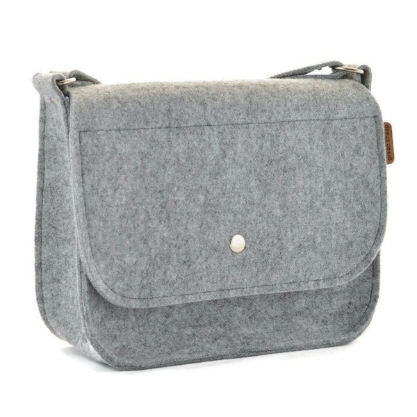 Crossbody light grey felt minimalist purse with the flap, long strap saddle bag, medium size felted handbag, shoulder bag, gift for her