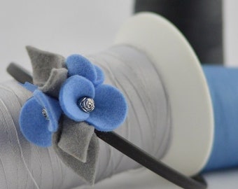 Hairband with flowers - Wool Felt Flowers - Light Blue with Grey