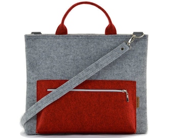 Felt Laptop Bag, Modern Minimalist Messenger Bag, Gray and Red crossbody bag, handbag with handles, felted light gray bag, red messenger bag