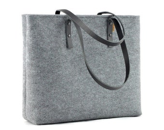 Felt bag with leather handles and zipper closure, minimalist handbag, felt tote, gray shoulder bag, gift idea for her