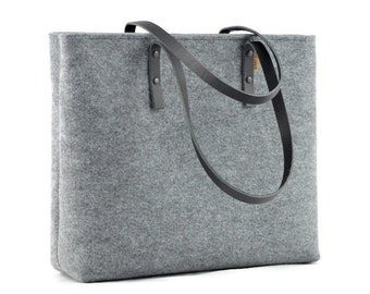 Sac en feutre avec poignées en cuir et fermeture éclair, sac à main minimaliste, fourre-tout en feutre, sac à bandoulière gris, idée cadeau pour elle