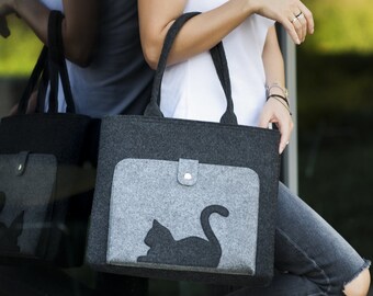 Cat handbag made out of durable felt, cat purse, gray and charcoal color vegan felt bag, felted, eco, shopping bag, cat lover gift idea