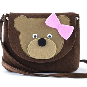 Girls purse, Purse wit a bear, Felt purse with teddy bear, teddy bear purse, brown felt bag, crossbody purse for a girl, gift, Christmas
