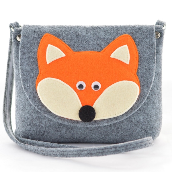 Fuchs Mädchen Geldbörse Filz Crossbody graue Handtasche mit niedlicher Applikation, Kindertasche, Kinder Geldbörse, Geschenk für ein Mädchen, kleine Fuchs Tasche,