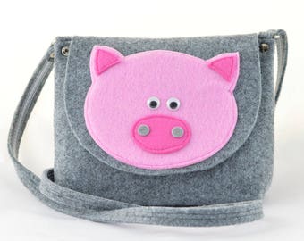 Sac à main pour filles avec cochon, sac à main pour filles à bandoulière en feutre, sac pour enfant, sac à main pour tout-petits, sac à main en feutre gris avec cochon cochon porcelet