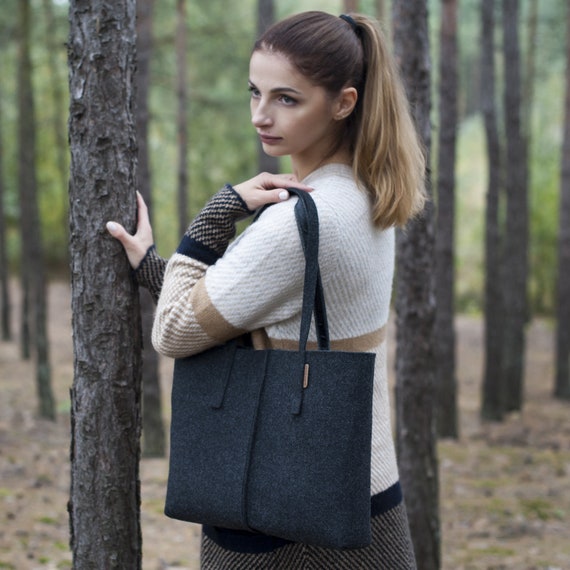 Charcoal Minimalist Felt Handbag, Tote Big Size Felt Bag