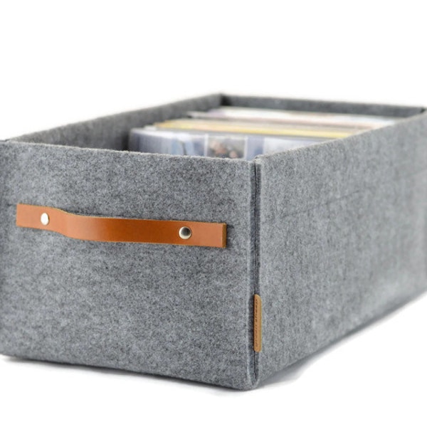 DVD storage box with leather handle, felt basket, minimalist scandinavian style gray DVD organiser, Ikea kallax expedit, housewarming gift