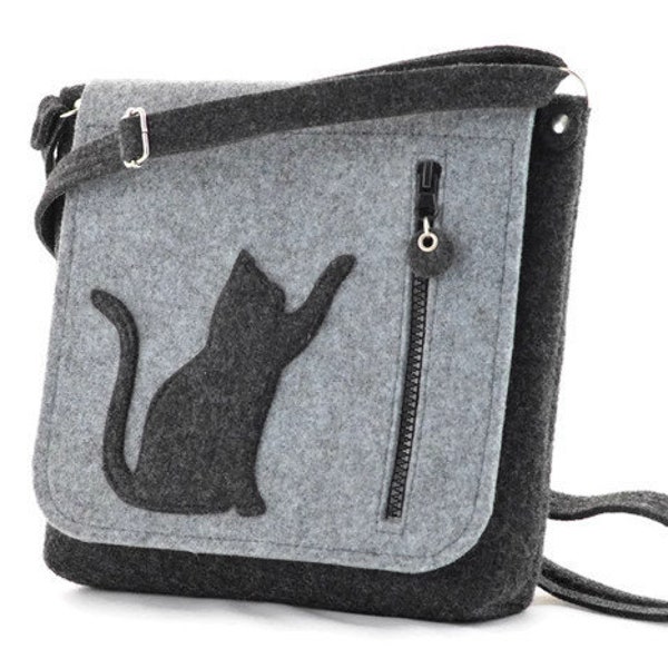 Grey Medium Size Felt Bag with a Cat, Kitty, Cross body, handbag, purse, felted, anthracite, modern, eco,