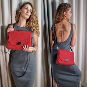 Felt bag with leather strap, red crossbody bag, medium size felt crossbody bag, gift idea for her