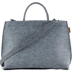 Minimalist zipper closure gray handbag, Gray large felt bag with handles, big size felted top handle bag, light gray long strap work bag,