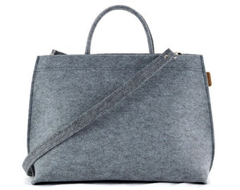 Minimalist zipper closure gray handbag, Gray large felt bag with handles, big size felted top handle bag, light gray long strap work bag,