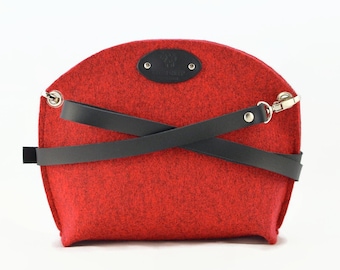 Small red bag, Felt bag with leather strap, small size crossbody purse, felt crossbody bag, gift idea for her