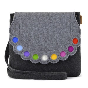 Umhängetasche aus Filz, mittelgroße graue gefilzte Handtasche, bunte Punkte Geldbörse, Umhängetasche, lange Schultertasche, Geschenk für Sie
