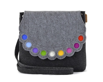 Crossbody felt messenger bag, medium size gray felted handbag, colorful dots purse, shoulder bag, long strap purse, gift for her