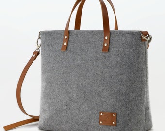 Large Felt bag with leather handles and long strap, crossbody work bag, felt crossbody bag, gift idea for her