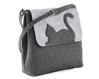 Felt purse with cat, Gray medium Size Felt Bag with a Kitty, Cross body felted handbag, vegan messenger bag, cat lover gift