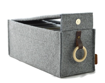 CD storage box with a flap, wooden ring and leather handle, felt basket with lid cover, minimalist gray CD organiser, Ikea kallax expedit