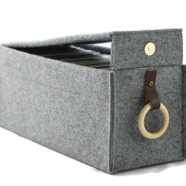 CD storage box with a flap, wooden ring and leather handle, felt basket with lid cover, minimalist gray CD organiser, Ikea kallax expedit