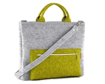 Lime Green Felt Laptop Bag, Modern Minimalist Messenger Bag, Gray and green crossbody bag, handbag with short handles, felted light gray bag