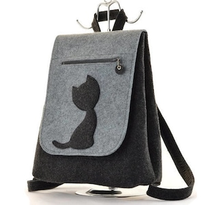 Felt Backpack with cat, anthracite and grey everyday use modern minimalist felted backpack, to school university work, gift for her