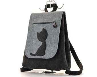 Sac à dos en feutre avec chat, anthracite et gris, sac à dos en feutre minimaliste moderne à usage quotidien, à l'école, travail universitaire, cadeau pour elle